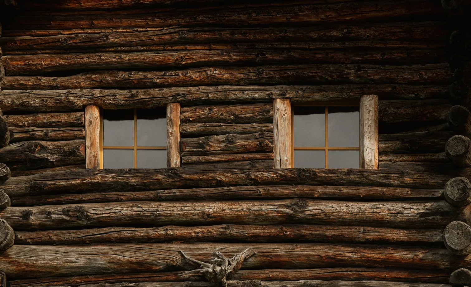 Detail view weathered log house facade with casement windows, traditional wooden construction Villnöß