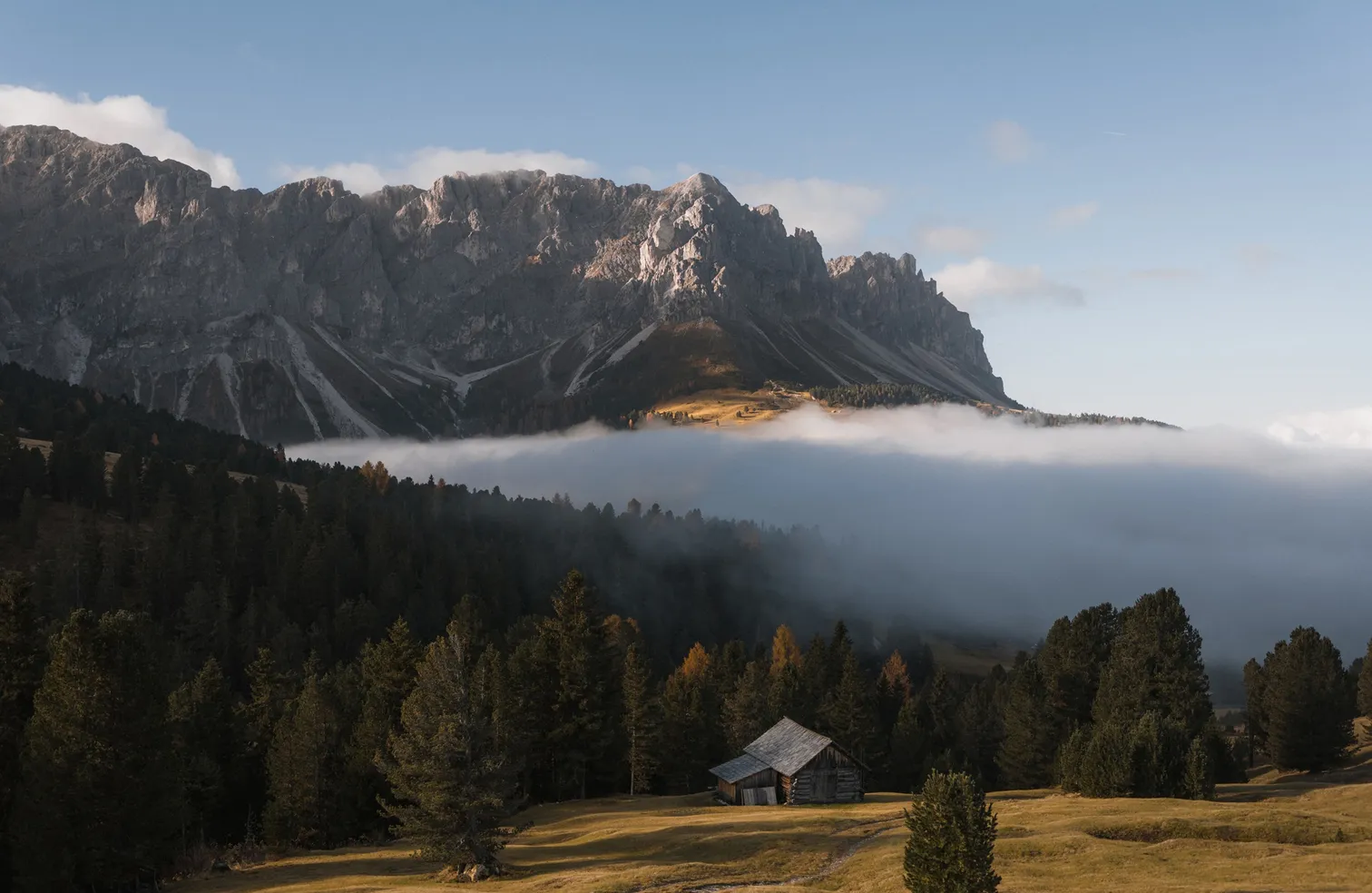 Herbstmorgen mit Nebelband vor der Geislergruppe – Holzhütte auf Almwiese umgeben von Lärchen in Villnöß