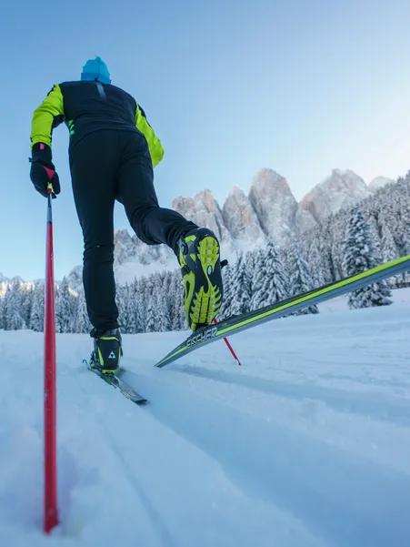 Cross-country skier in skating technique from frog perspective on trail in Villnöß with Geisler peaks and snow-covered coniferous forest