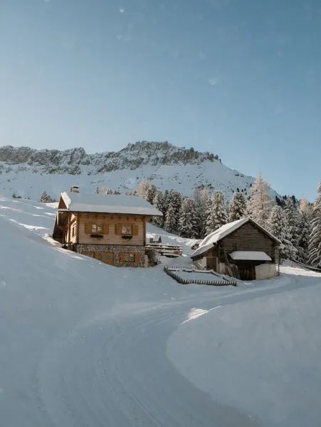 Snow-covered toboggan run through winter forests in Villnöß with view of snow-covered Geisler peaks