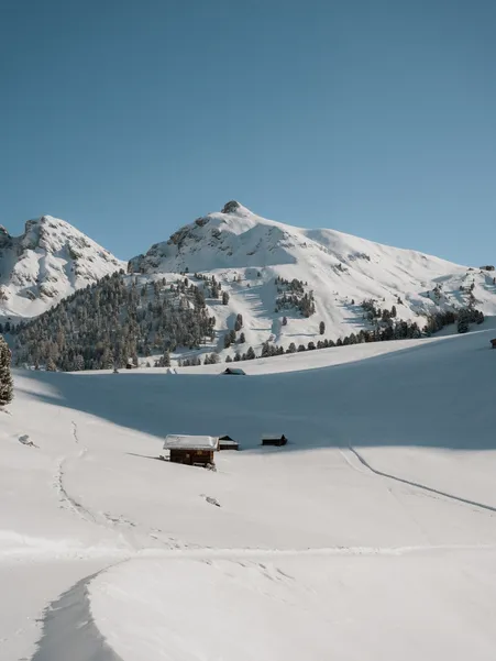 Deeply snow-covered alpine landscape with wooden huts and ski touring tracks in front of sun-kissed Luson peaks under blue sky