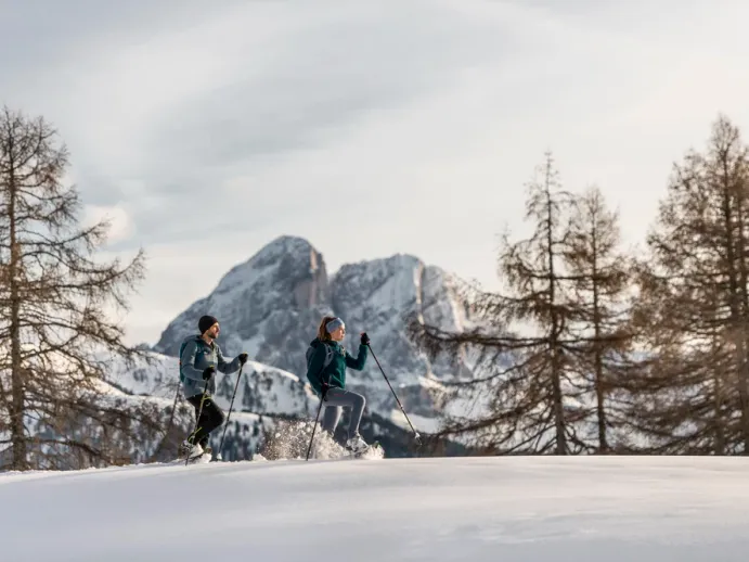 Snowshoe hike at Peitlerkofel in Luson with imposing mountain scenery of the Dolomites